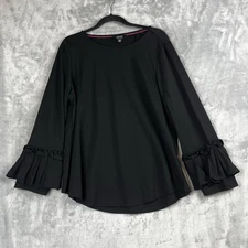 IMNYC Isaac Mizrahi Women's Blouse Top XL Black Long Sleeve Tie Front V Neck