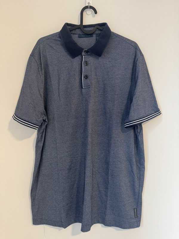 Perry Ellis Men's Solid Blue Short Sleeve Collared Polo Shirt Button, Size L