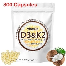 Vitamin D3 10000 iu Plus K2 (MK-7) 200 mcg, 300 Virgin Coconut Oil Softgels