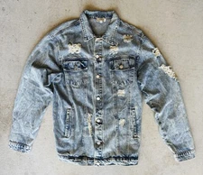 Umgee Women's Trucker Style Heavily Distressed Denim Jacket Size Large