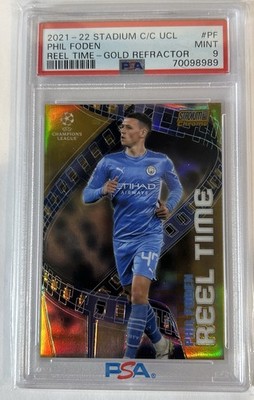 2021-22 Phil Foden Topps Stadium Club Chrome Reel Time Gold Refractor /50 PSA 9