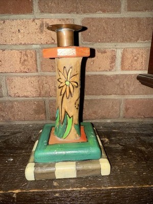 Vintage 2000 Hand Painted, Wood Burned Single Taper Holder From Sticks Co.