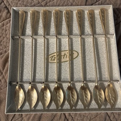 Vtg NOS Orig Box Mid-Century Aluminum Iced Tea Spoons TallStirs Set of 8 Gold