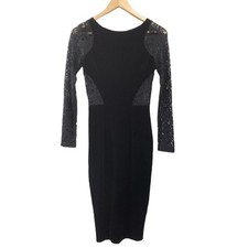 Orlain Dress Womens 8 Midi Black Lace Sleeves Cut Out Waist