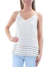 BAR III Womens Ivory Beaded Striped Spaghetti Strap V Neck Top XXS