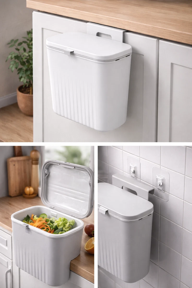 Lega Pattumiera Pensile In Plastica Per Porta Con Gancio E Coperchio - 4 Litri, Made In Italy, Design Moderno - 2