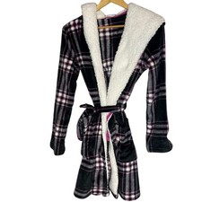 Jenni Intimates Womens XS/S Black Pink Plaid Sherpa Hooded Fleece Robe NEW