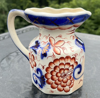 Antique Gaudy Welsh Ironstone Pottery Pitcher Creamer  - Red, Cobalt Blue, Gold