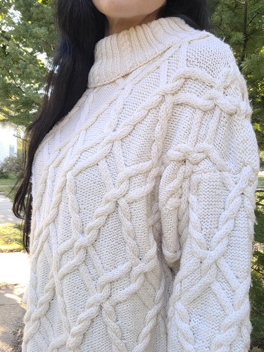 Vtg Roberta Freymann Bergdorf Handknit Ivory Wool Fisherman Cable Knit Sweater L - Picture 3 of 5