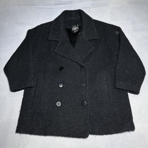 Eileen Fisher Pea Coat Womens M/L Black Double Breasted Wool Boucle Textured