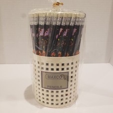 144 Halloween Pencils Black Pumpkin Bats Cats Black White Erasers Party Favors