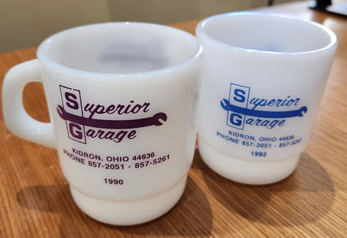 VTG Pair of Galaxy Glass Milk Glass Advertising Mugs Superior Garage Kindron OH