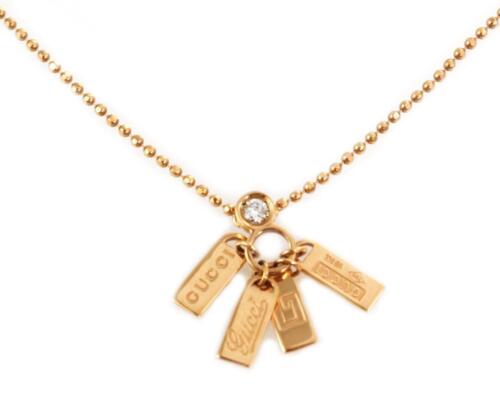 Gucci Diamond 18k Rose Gold 4 Logo Tag Pendant Bead Chain Necklace - Afbeelding 1 van 8