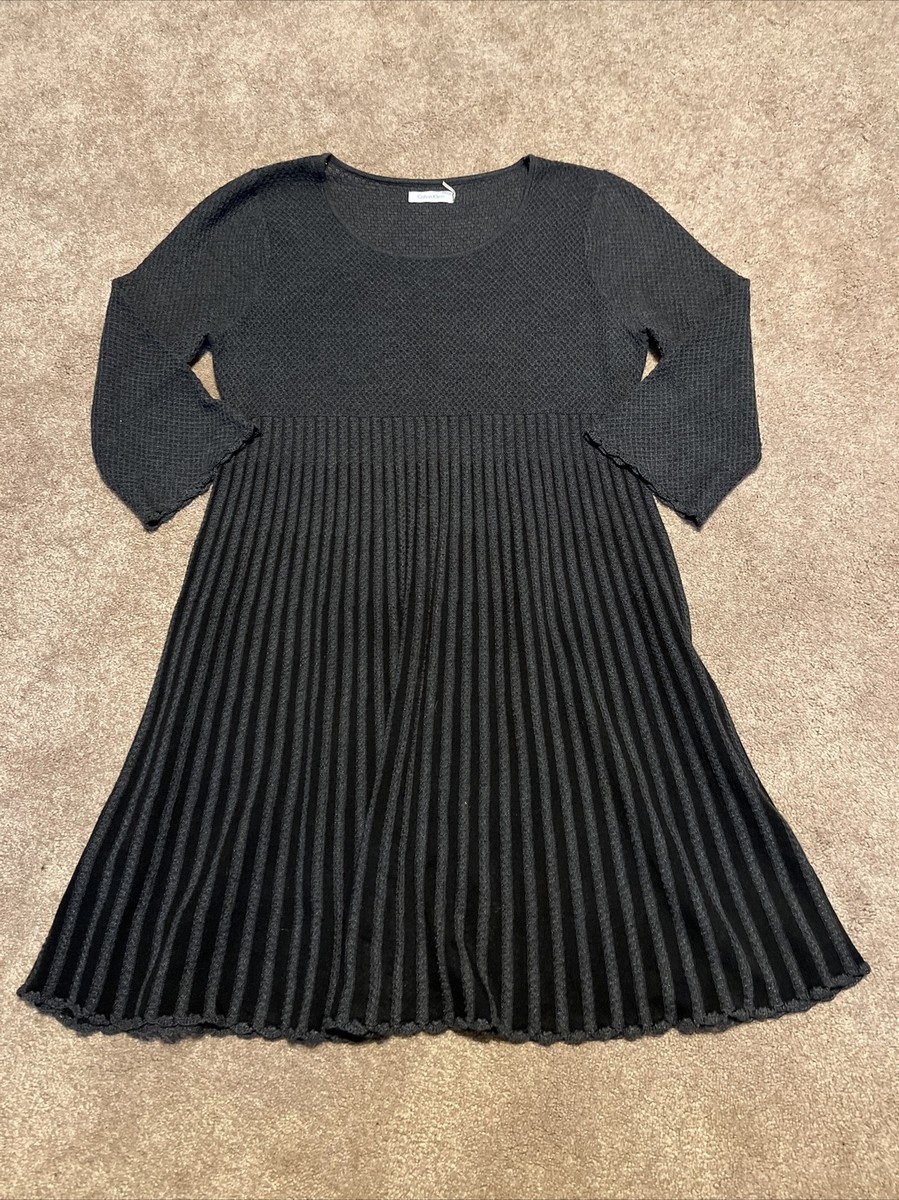Womens Calvin Klein Gray Black Sweater Dress Petite XL 3/4 Sleeve Pleated