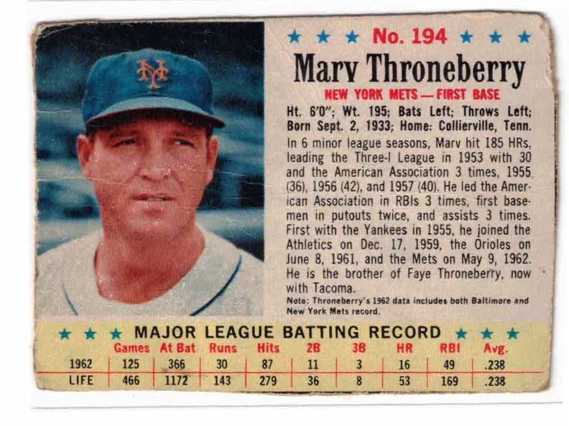 1963 Post #194, Marv Throneberry, New York Mets, Low Grade