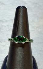 Green Gemstone Silver Tone Ring Elegant Three Stone Design