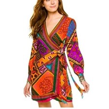 Farm Rio Dotted Patch Scarf Mini Wrap Dress Sz Small Tropical Vacation Resort