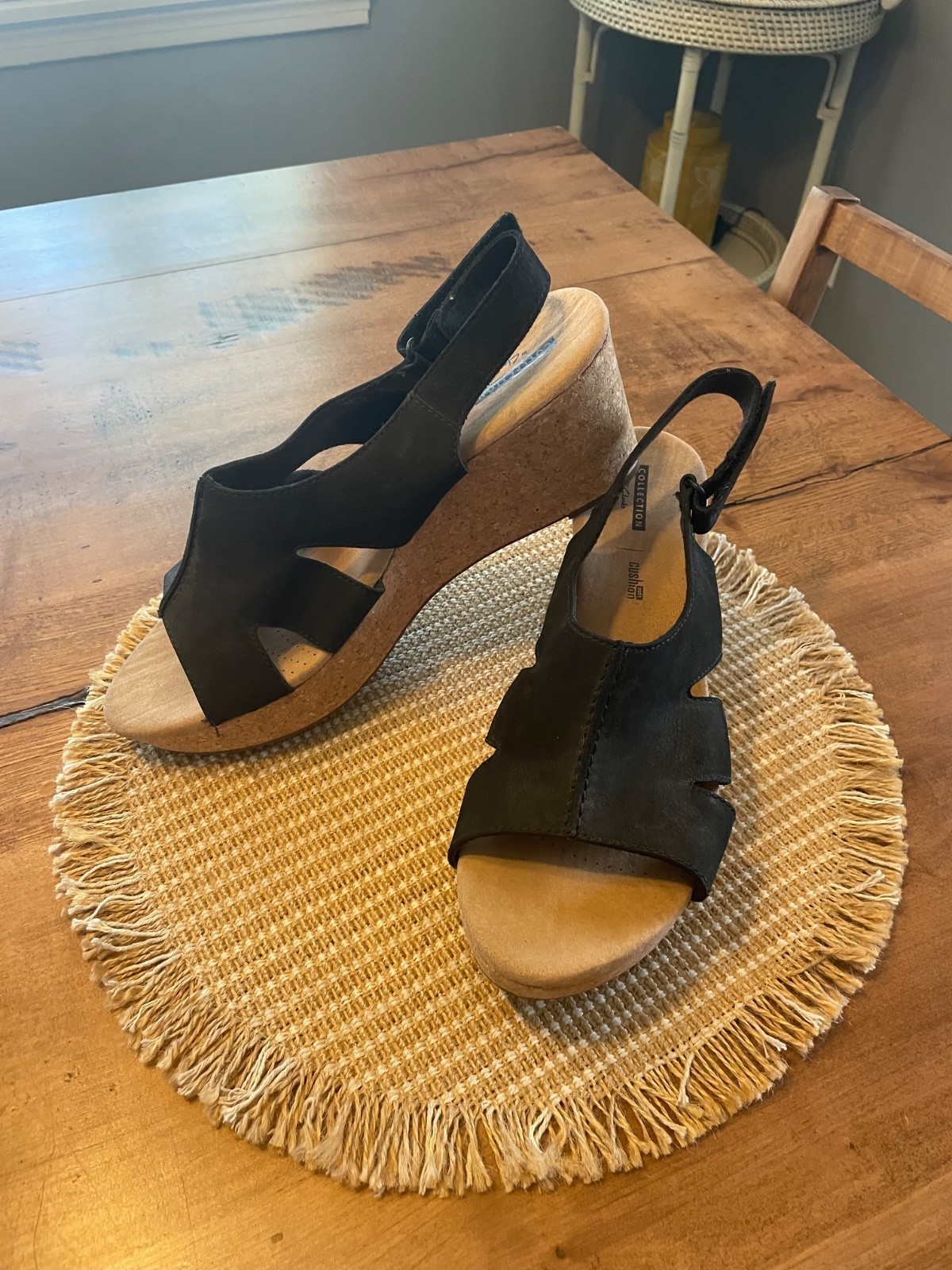 clarks womens sz 12 Annadel Beri black platform sandal, wedge cork heel
