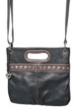 Vtg BRIGHTON Crossbody Purse Wallet Bag Black Leather Silver Heart Charm Clutch