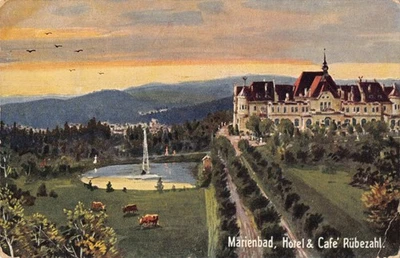 Marienbad Mariánské Lázně Cafe & Schlosshotel Rübezahl Stempel 1914 Kurstadt AK - Bild 1 von 4