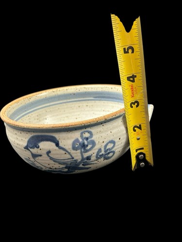 Salt Glaze Speckled Blue Bird Pottery Bowl Handled 6" Signed Handmade Turned - Picture 8 of 9