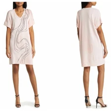 Ming Wang Pink Satin Color Black Abstract Knit Short-sleeved Mini Shift Dress 2X