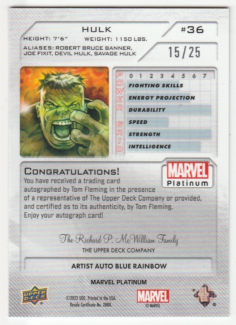 2023 MARVEL PLATINUM * BLUE AUTO * ARTIST: TOM FLEMING * HULK * #15/25 view 2