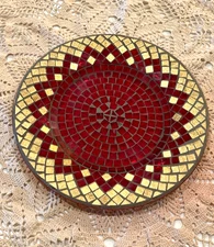 Christmas Art Handmade Decor Mosaic Glass Plate Centerpiece ~ Red & Gold tiles