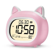 Cute Cat Kids Alarm Clock with Night Light Small Digital Sleep Training