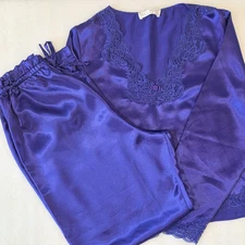 VTG Val Mode Satin Shiny Purple Lace PJ SET Lingerie Lounge Pants Shirt Top