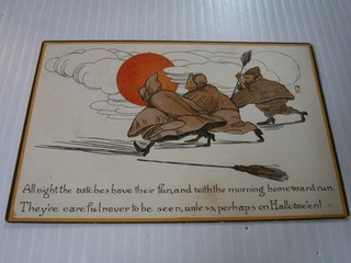 RARE NASH PUB HALLOWEEN POSTCARD #21A (painted card) BROWN WITCHES RARE