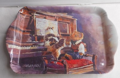 Vintage Ashden Teddy Bear & Cat Playing Piano Serving Tray 8-1/4'' x 5-1/2'' x 1/2