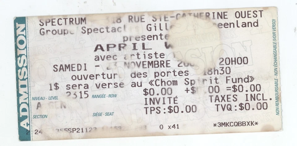 April Wine 11/23/02 Montreal Canada The Spectrum Concert Rare Ticket Stub! - Image 1 of 1