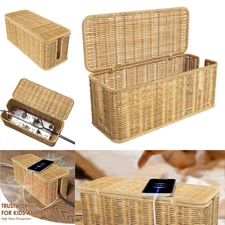 Cable Management Box Rattan Cable Organizer 2 Open Slots Cords Hider Box w/ Lid
