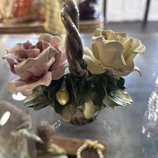 Vintage  N  Capodimonte Two Rose Flower Basket Pale Yellow  Pale Pink Exce
