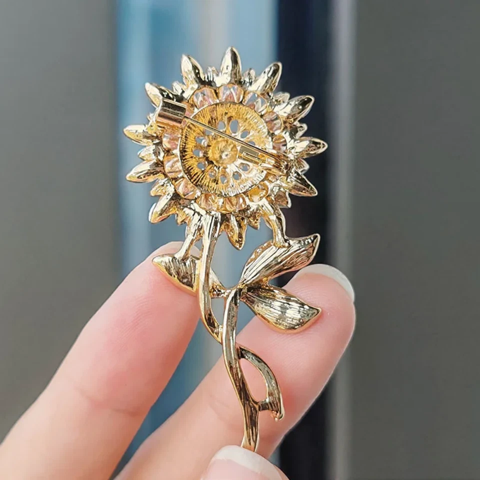 Sunflower Brooch Rhinestone Crystal Gold & Blue Flower Pin Jewelry Summer Gift - Image 4 of 4
