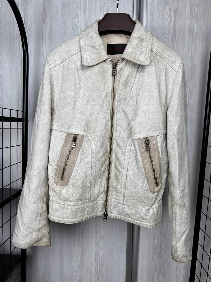 Leonardo White faded leather biker jacket vintage size 50 - Image 2 of 4