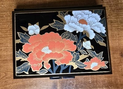 Vintage Japanese Laquer Hand Painted Tissue And Mirror Compact