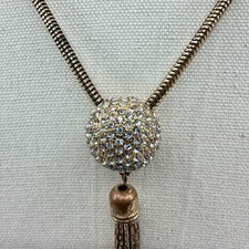 Vintage Gold Tone Snake Chain Necklace Pave Rhinestone Ball Disco Tassel Pendant