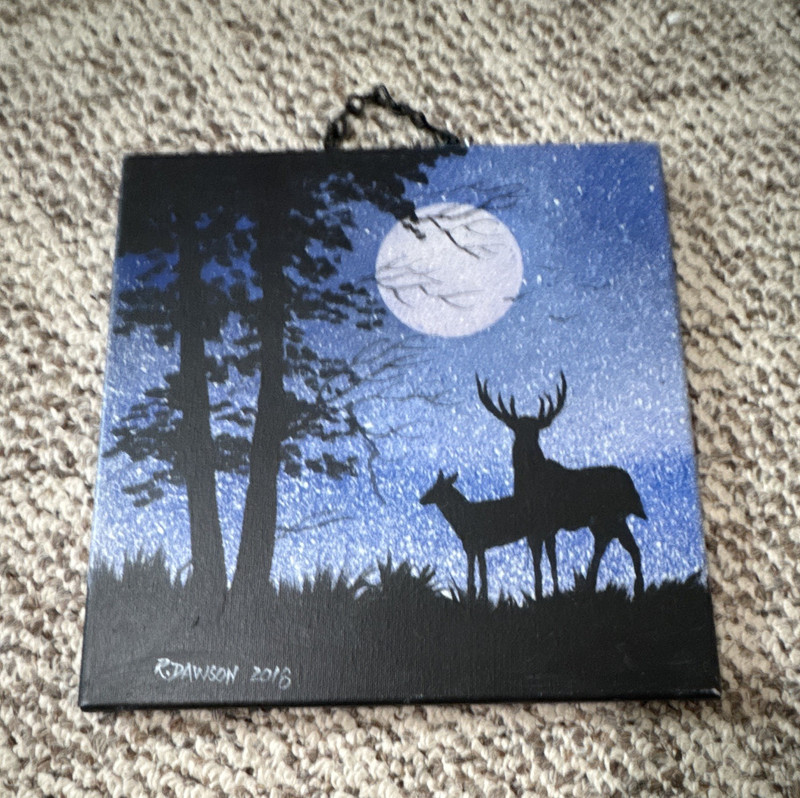 R. Dawson Signed Original 2018 Canvas Painting Deer Silhouette Moon Night