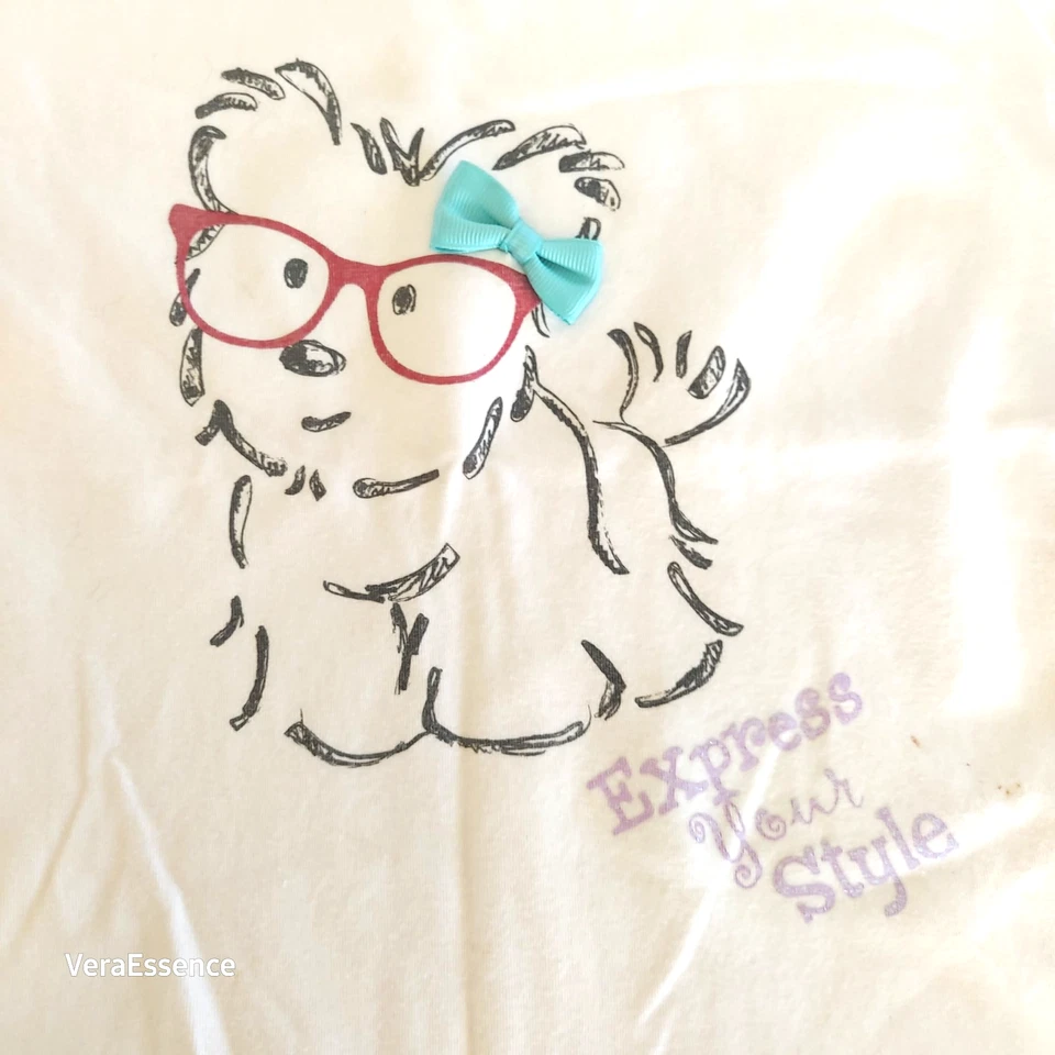 AMERICAN GIRL WHITE T-SHIRT Doggy Applied Bow EXPRESS YOUR STYLE SZ S (7/8) - Image 3 of 4