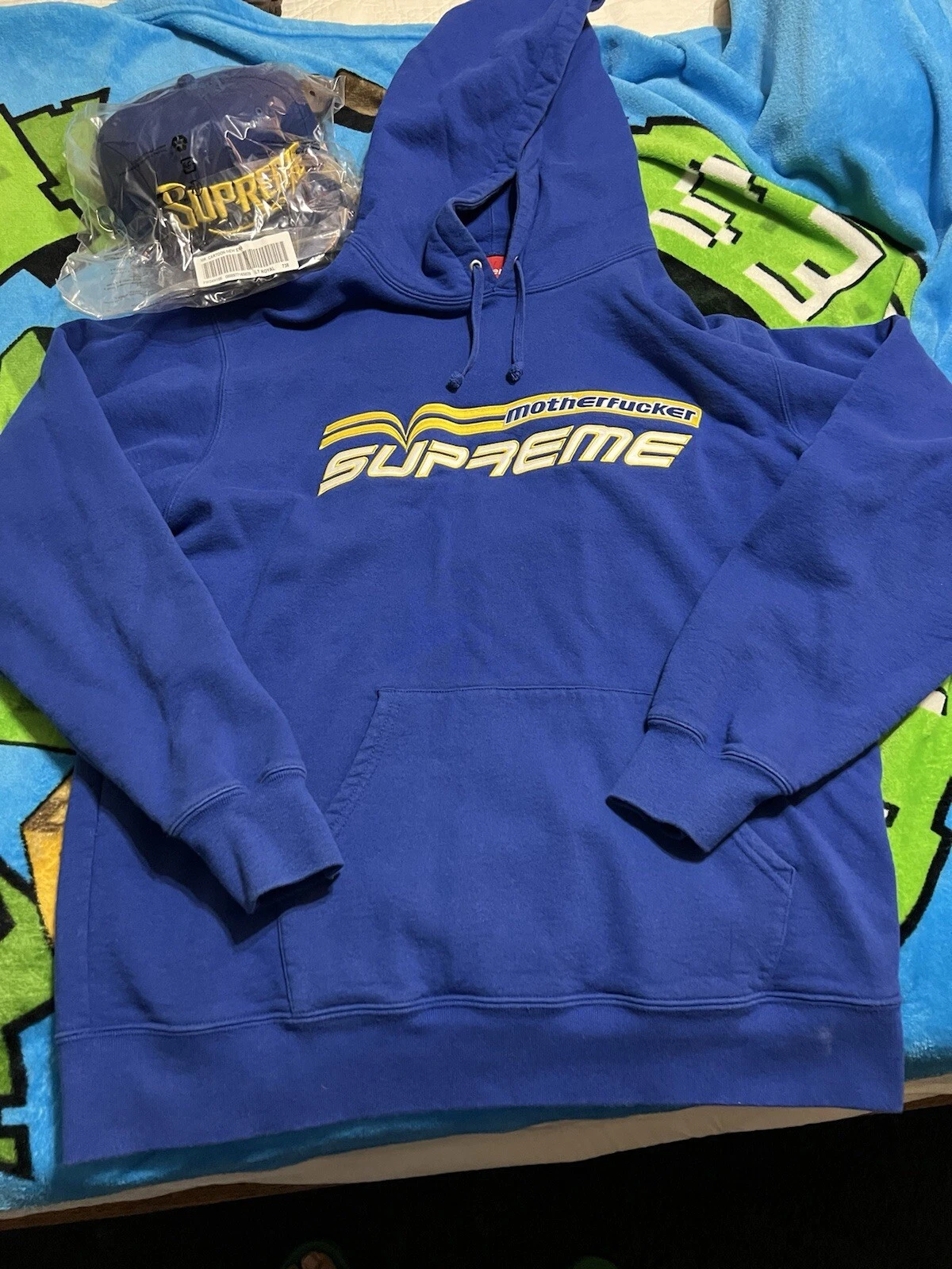 ? Sweat à capuche homme Supreme XL MTHERFCKR bleu royal/jaune 8/10 ET chapeau DS ??