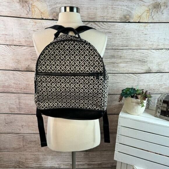 Tommy Hilfiger Black Cream Monogram Canvas Backpack with Adjustable Straps