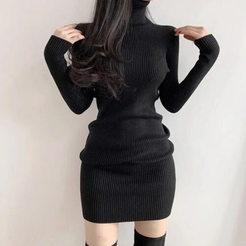 Womens Turtleneck Knitted Sweater Jumper Dress Casual Party Bodycon Mini Dresses - Picture 9 of 26