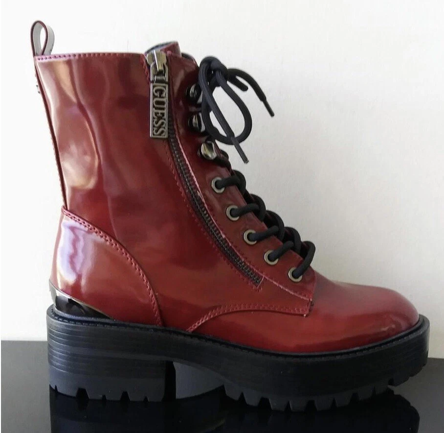 Guess Medium Red Gw Fearne Lug Sole Lace Up Faux Leather Boots
