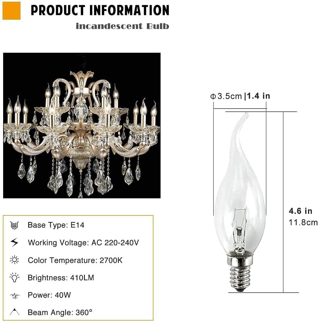 10 Pack Small Screw Candle Bulbs, Bent Tip 25W, Clear Edison Screw