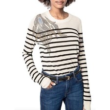 Zadig Voltaire Miss CP Stripes Cashmere Sweater Size Medium Bejeweled