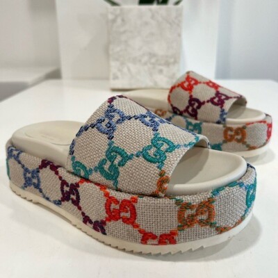 GUCCI Platform Multicolor logo print canvas slides | eBay