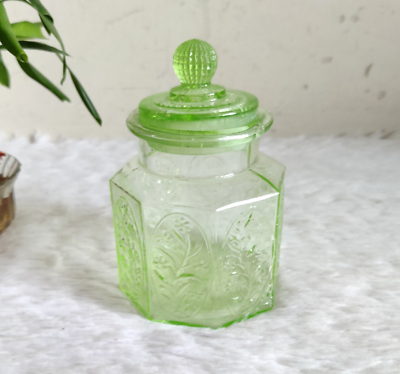 1930s Vintage Hand Brand Neon Green Glass Jar Pot With Lid Japan