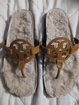 Tory Burch Womens Miller Caramel Leather Cloud Shearling Thong Sandals Size  10